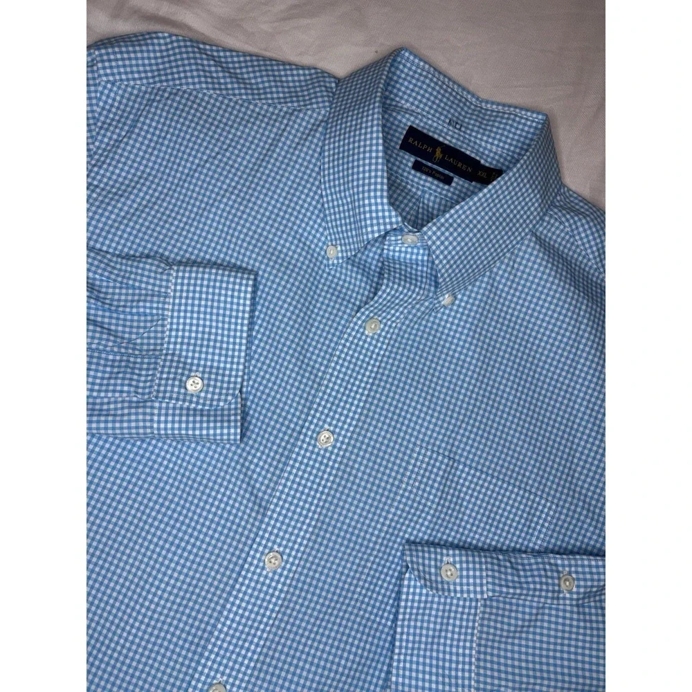 Ralph Lauren 120s Poplin Button Down Shirt Gingham Check Light Blue‎ XXL
